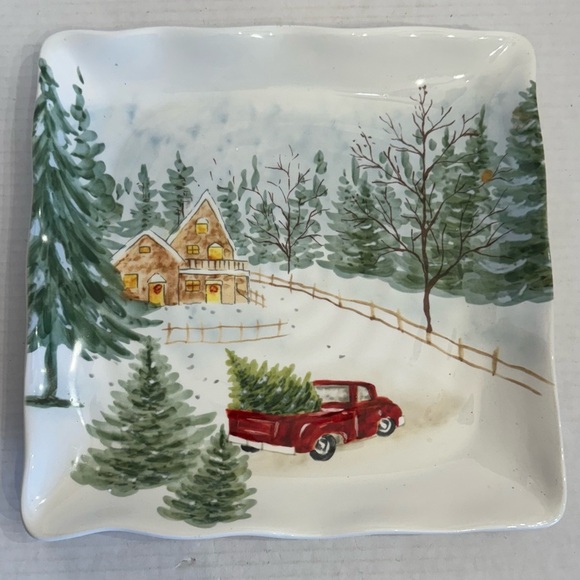 Maxcera SNOWVILLE Square Dinner Plate Winter Snowy Forest House Evergreen Set 2 - Picture 16 of 16